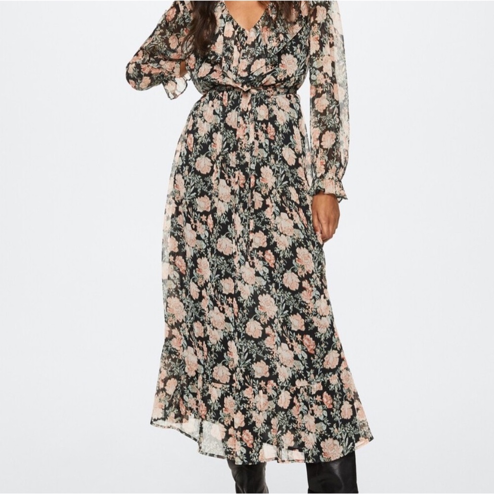 Mango Floral Black and Pink Dress